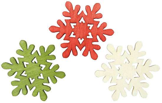 Deko-Schneeflocken, 4 cm, rot/grün/weiß, Holz, Btl. 12 Stück