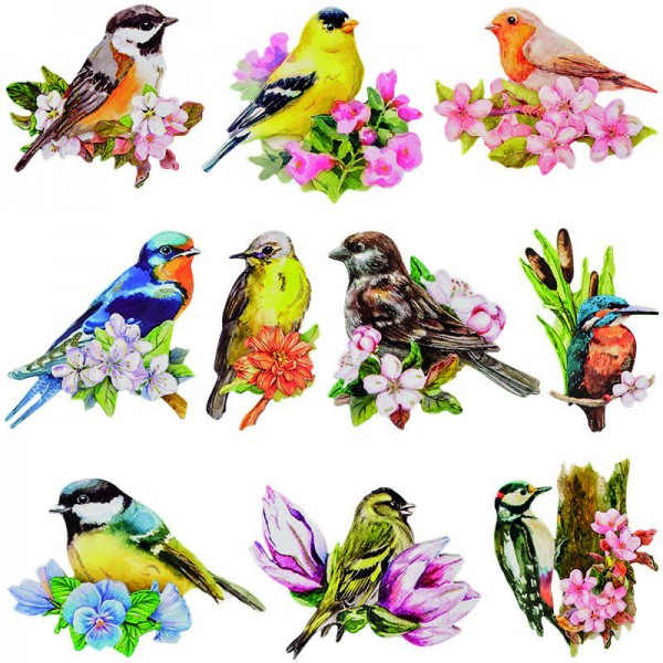 3D-Stanzmotive Vögel auf Zweigen, gestanzt, 10 Motive, mit Glimmerlack, 6 - 10 cm
