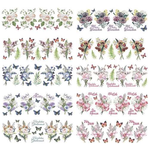 Transparent-Stickerset, Nostalgie Blumen, 10 Bogen, 10 x 30 cm, vorgestanzt, 10 Designs