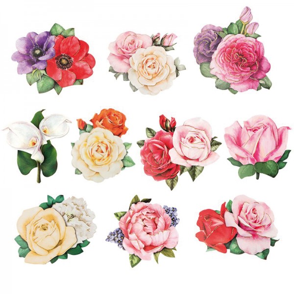 3D-Stanzmotive Romantik-Blumen, gestanzt, 10 Motive, mit Glimmerlack, 7 - 9 cm
