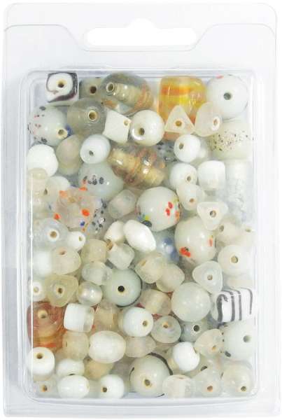 Perlenbox mit Glasperlen, weiß, Formen + Größen-Mix, 130 g.