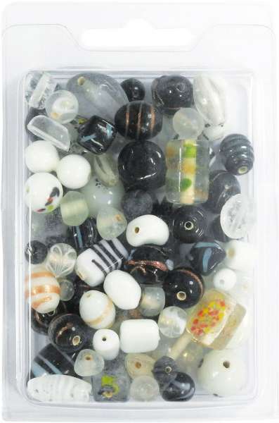 Perlenbox mit Glasperlen, schwarz-weiß, Formen + Größen-Mix, 130 g.