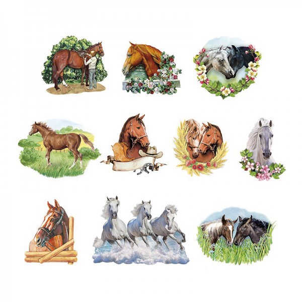 3D-Stanzmotive Pferde, gestanzt, 10 Motive, mit Glimmerlack, 6 - 10 cm