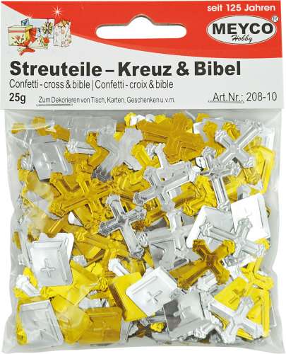 Pailletten Streuteile-Mix, Kreuz & Bibel, gold und silber sortiert, 20 g.