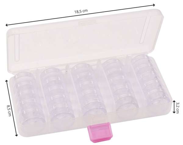 Aufbewahrungsbox, Kunststoff, 19 x 10 x 3,5 cm, inklusive 25 Döschen, Ø 3 cm, Höhe 1,5 cm