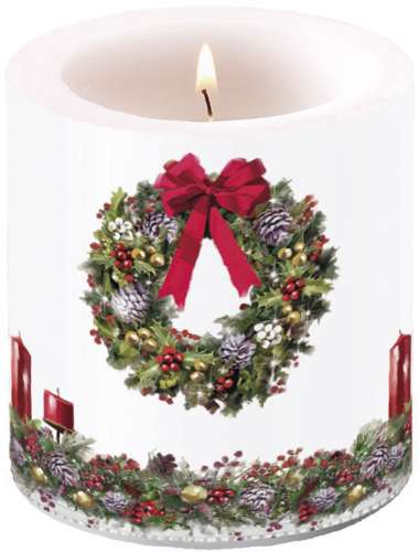 Design Kerze, Weihnachtskranz, Ø 7,5 cm, Höhe 9 cm, Brenndauer ca. 35 Stunden