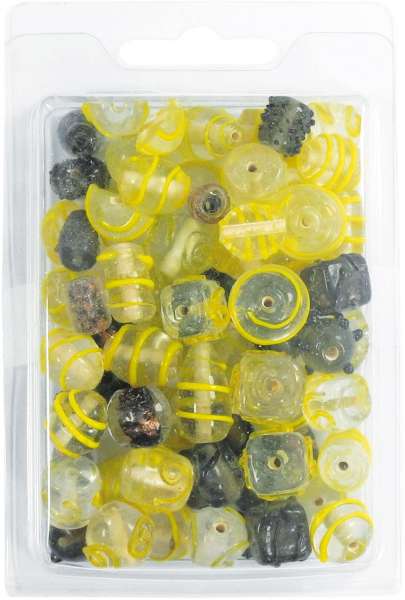 Perlenbox mit Glasperlen, gelb, Formen + Größen-Mix, 130 g.