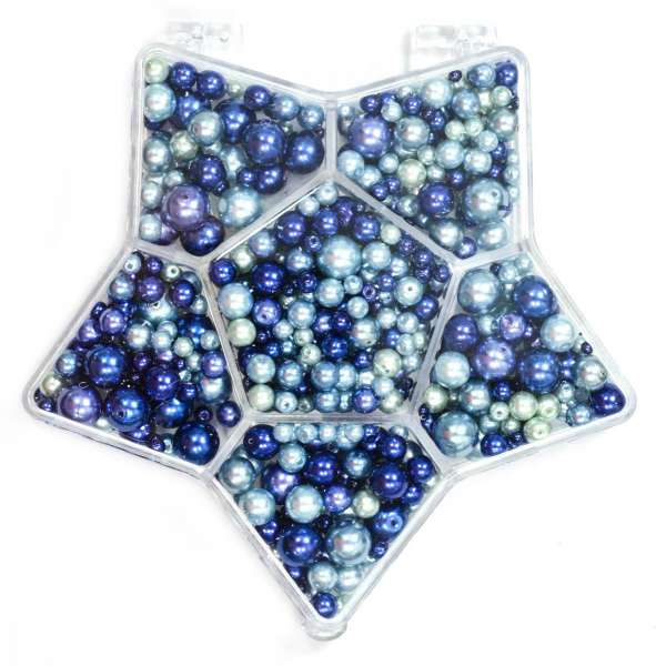 Glaswachsperlen-Sternbox, blau, 7 Fächer, Box 13 x 13 cm, 150 g, Größenmix