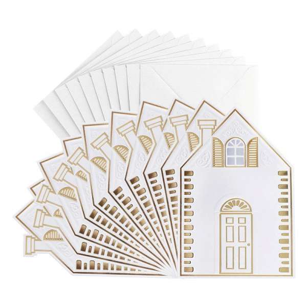 Grußkarten-Set, Haus, weiß, B6, 230gr/qm, 10 Karten+10 Umschläge, geprägt+folienveredelt