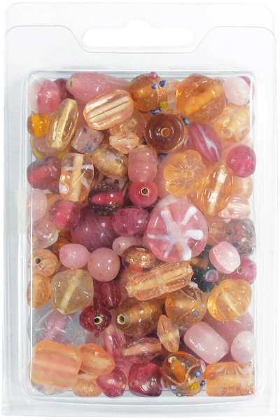 Perlenbox mit Glasperlen, rosa, Formen + Größen-Mix, 130 g.
