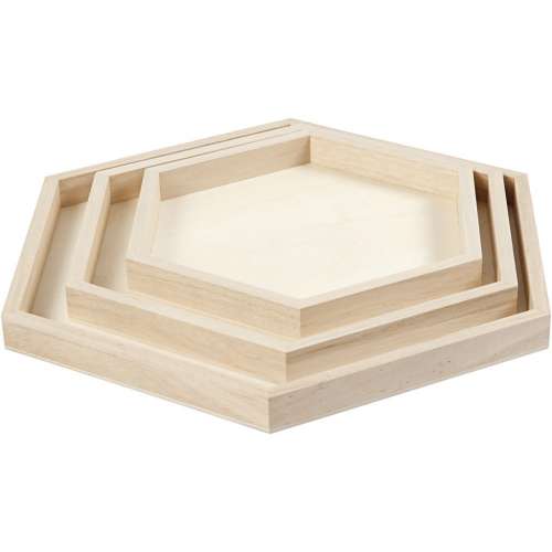 Holz-Tablett-Set, 3-teilig, sechseckig, Ø 21 + 26 + 31 cm