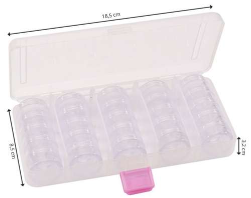Aufbewahrungsbox, Kunststoff, 18,5 x 8,5 x 3,2 cm, inklusive 25 Döschen, Ø 3 cm, Höhe 1,5 cm